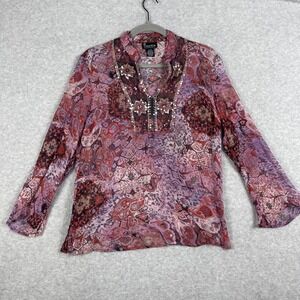 NY Collection Silk Sheer Sequin Blouse Womens Size M Boho Evening Romantic